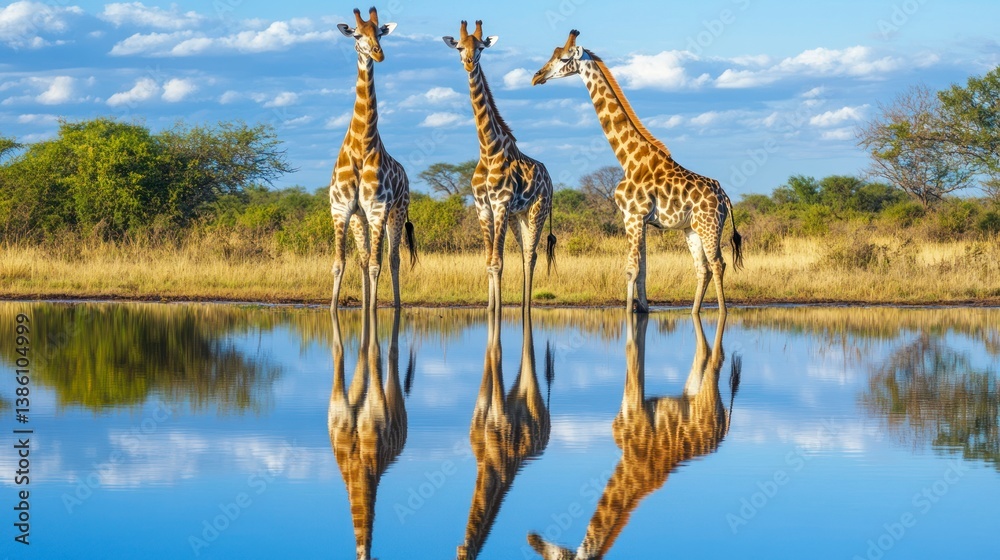 Fototapeta premium Giraffes Standing by Water Hole Reflecting in Water on Sunny Day