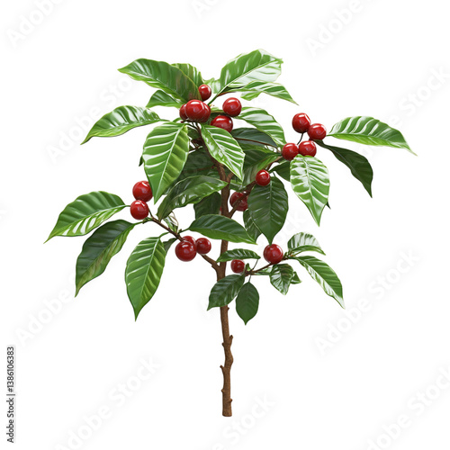 3D Coffee Plant with Dark Green Leaves and Red Berries Isolated on Transparent Background