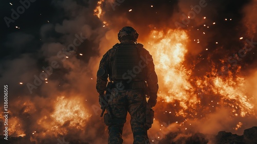 A soldier in camouflage fatigues and body armor, carrying a rifle, stands backlit against a backdrop of dense, smoky, explosions and dark