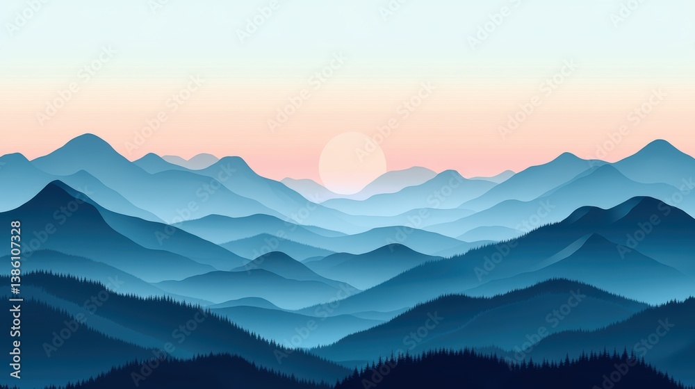 A peaceful mountain backdrop with layers of peaks fading into the horizon under a clear blue sky A peaceful mountain backdrop with layers of peaks fading into the horizon under a clear blue sky