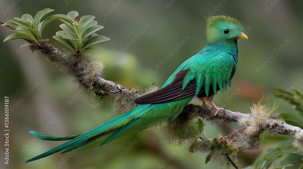 Fototapeta premium Rare tropic bird from mountain cloud forest. Resplendent Quetzal, Pharomachrus mocinno, magnificent sacred green bird with very long tail.