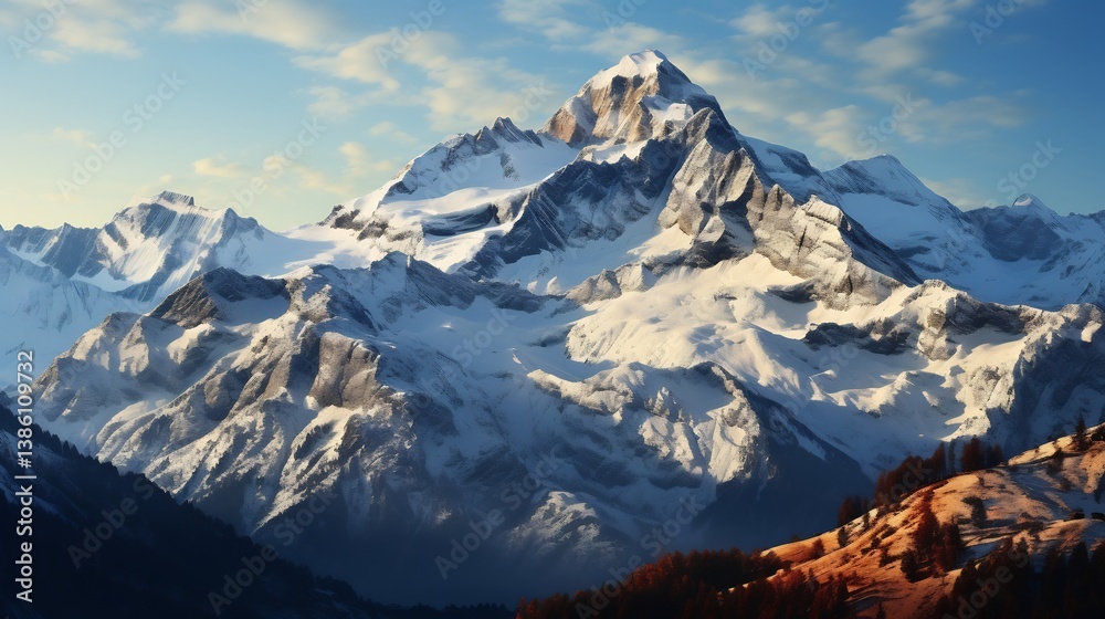 Obraz premium Breathtaking view of towering snow capped mountain peak bathed first light of dawn crisp frosty air visible mist rise valley below sky transition deep blue fiery golden hue creating stunning contrast