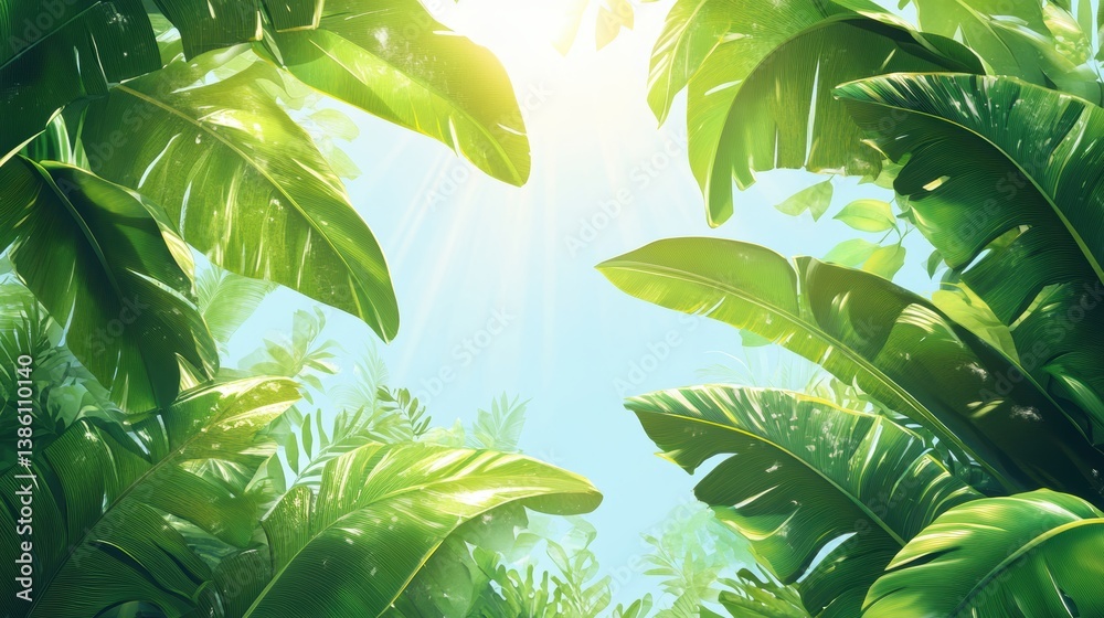 Obraz premium A background featuring large green palm leaves swaying gently in the breeze