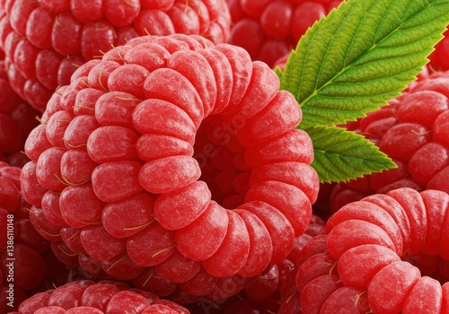 Vibrant red raspberries macro photography isolated white background