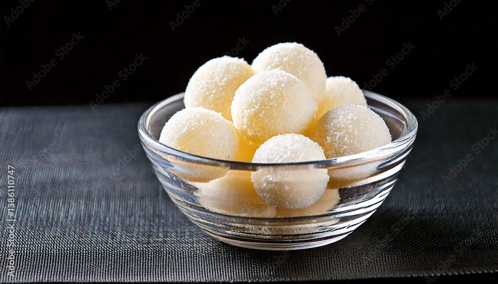 Delicious white rosogolla in a glass bowl placed on the table Delicious white rosogolla in a glass bowl placed on the table