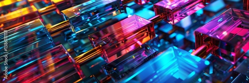 Vibrant Crystal Blocks Abstract - Close-up of colorful, translucent blocks, creating an abstract and vibrant . Ideal for technology, design, and modern backgrounds
