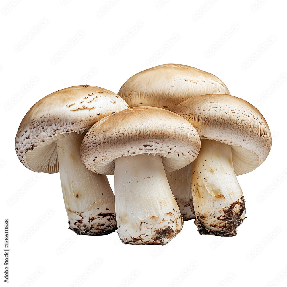 Four mushrooms with rounded caps showcasing their smooth texture and natural colors. isolated on white background and transparent background Four mushrooms with rounded caps showcasing their smooth texture and natural colors. isolated on white background and transparent background
