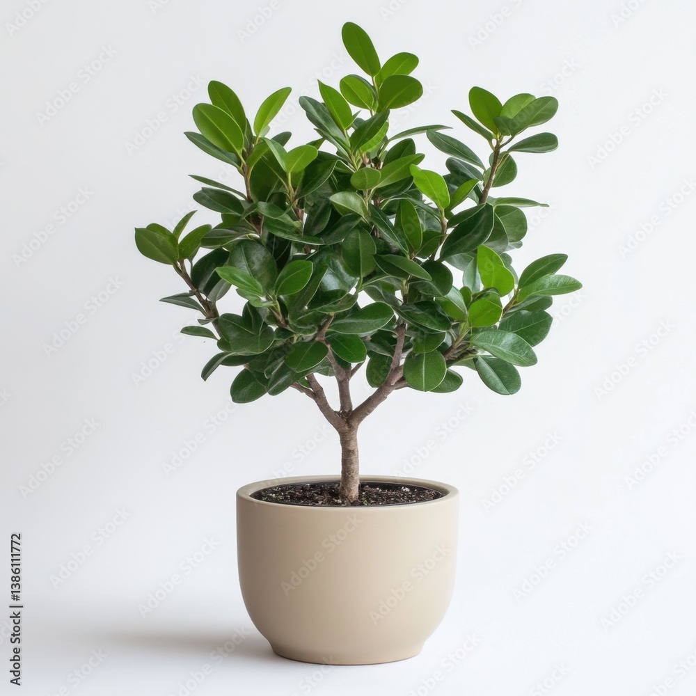 Serene ficus microcarpa ginseng in beige pot against a bright white background showcasing indoor plant decor for modern home Serene ficus microcarpa ginseng in beige pot against a bright white background showcasing indoor plant decor for modern home