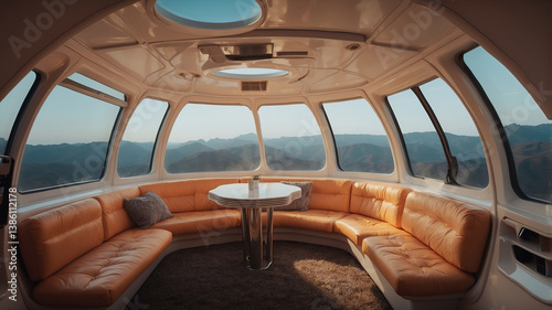 Modern interior of a glass dome lounge with panoramic mountain views during daylight hours