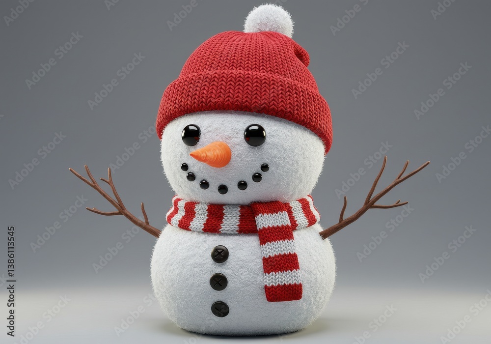 Fototapeta premium Cute snowman red knit hat isolated white background
