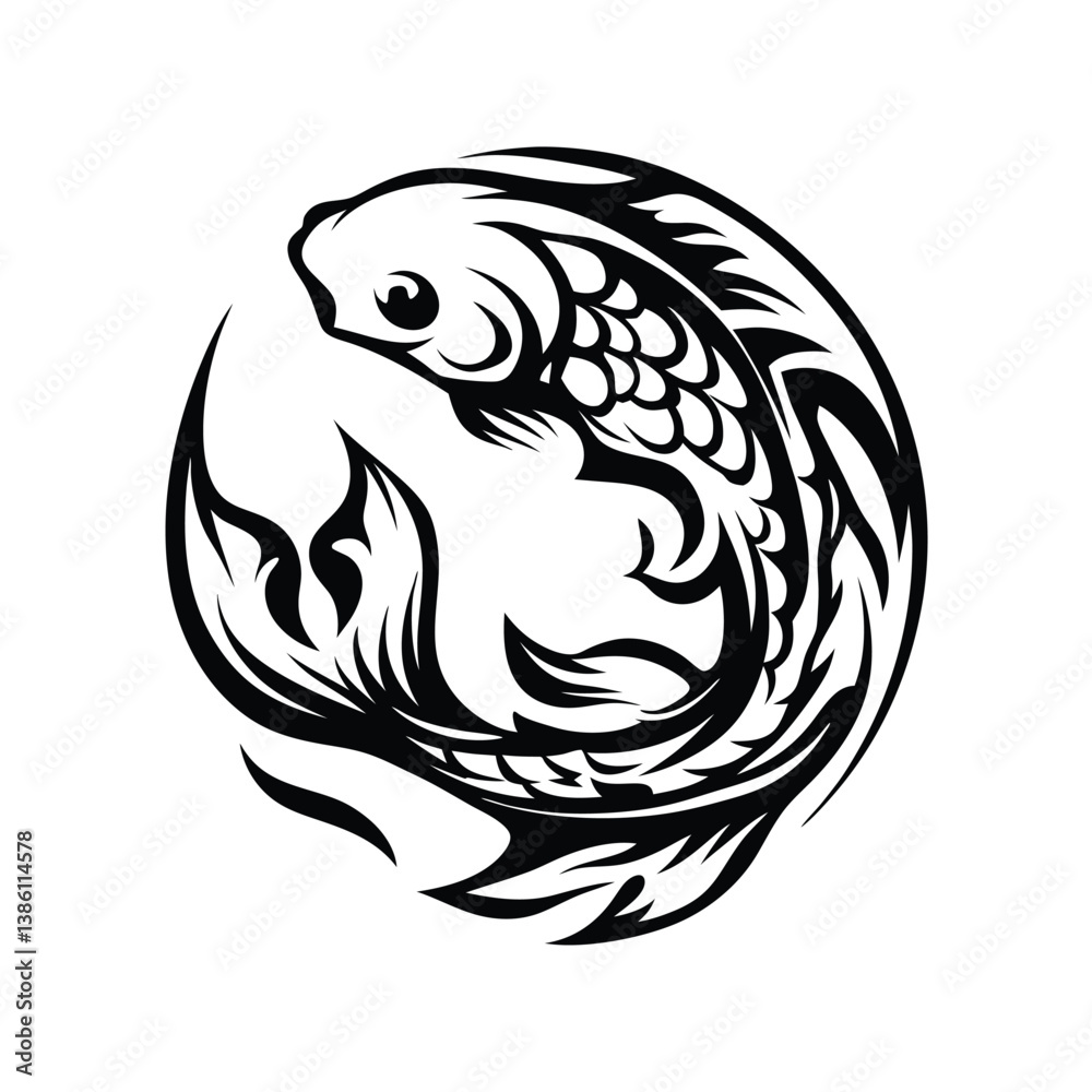 Obraz premium Isolated Artistic Koi Fish Design Black Ink Tattoo Style