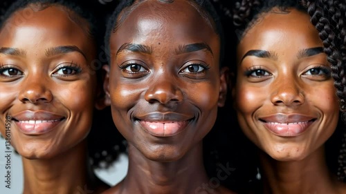 Portrait of three black women smiling warmly at camera, capturing a moment filled with positivity. Different shade of skin foundation advertising. African American girls with dark tone skin.