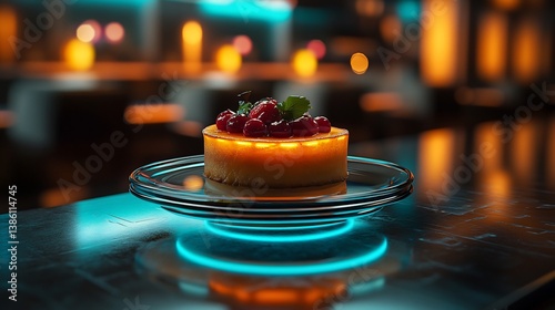 Futuristic fine dining experience sleek high tech table setup gourmet dish presented floating glass plate LED underlighting creating dramatic effect background feature softly blurred ultra modern photo