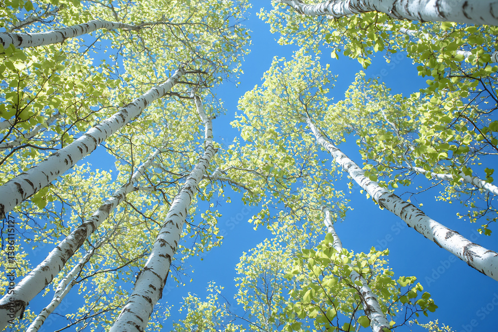 Fototapeta premium silvery birch branches under a spring sky p: slender silvery birch tree b