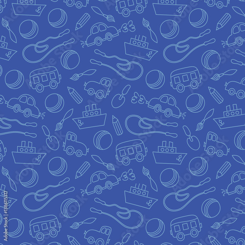 Preschool kindergarten line vector illustration seamless pattern. Educational toys doodle drawing. Thin line icons flat style