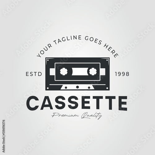 Vintage cassette tape logo with the word cassette below, suitable for music businesses or retrothemed designs. Ideal for branding and merchandising.