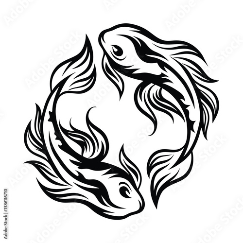 Stylized Fish, Black and White Design, Circular Motif, Isolated 