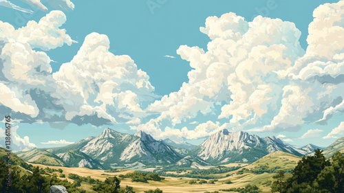 Obraz na płótnie Vast mountainous landscape under blue sky filled with fluffy white clouds on a bright sunny day w salonie