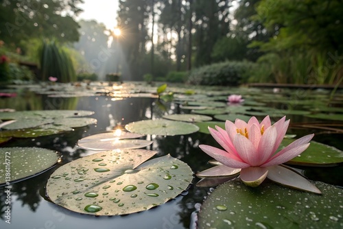pink water lily in forest pond – serene morning photography