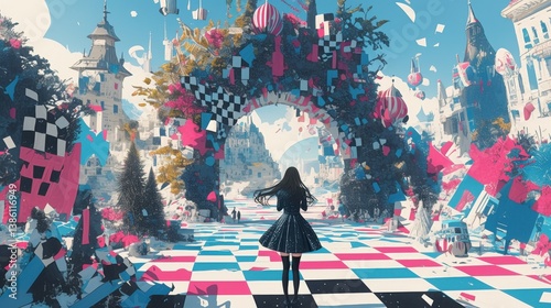 Whimsical world with checkerboard path and colorful decorations, a girl walking photo