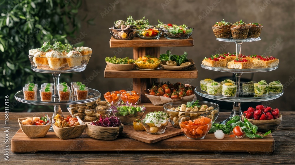 A lavish buffet table displays an assortment of delicious appetizers, including savory bites, fresh vegetables, and colorful desserts, arranged on tiered stands and wooden bowls. A lavish buffet table displays an assortment of delicious appetizers, including savory bites, fresh vegetables, and colorful desserts, arranged on tiered stands and wooden bowls.
