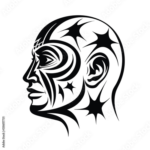 Profile Silhouette of Human Head with Tribal Black and White Tattoo Art Style