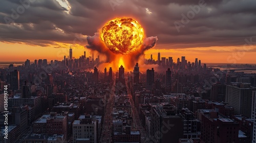 Illustration of City skyline during a ballistic missile impact, showcasing a large, fiery ballistic missile exploding above the city