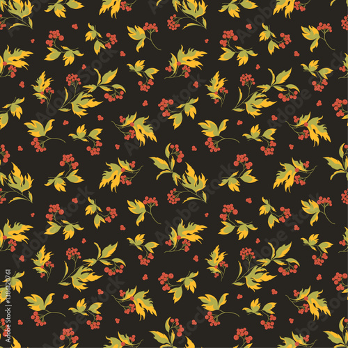 Seamless vector autumn pattern with red and orange berries and leaves. Colorful autumn flower background. Elegant floral seamless pattern.Vector rowan berries