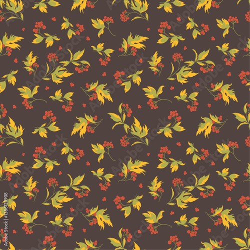 Seamless vector autumn pattern with red and orange berries and leaves. Colorful autumn flower background. Elegant floral seamless pattern.Vector rowan berries