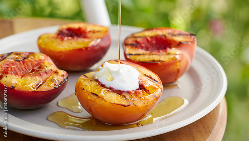 Honey drizzled over grilled peaches with cream, a perfect dessert on a white plate.