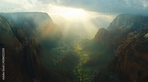 Breathtaking Zion Valey Landscape Photo: Scenic Mountains, River & Sunlight in Nevada Wilderness