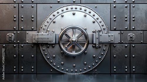A silver metal door with a round knob and a wheel