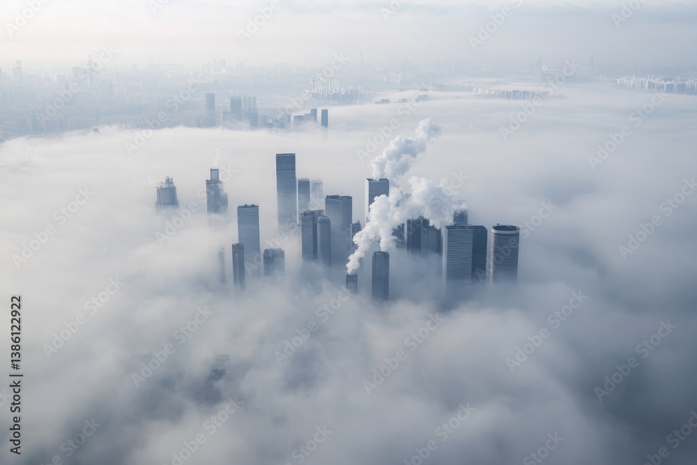 Fototapeta premium drone-shot aerial view showing sprawling city skyline engulfed in thick smog