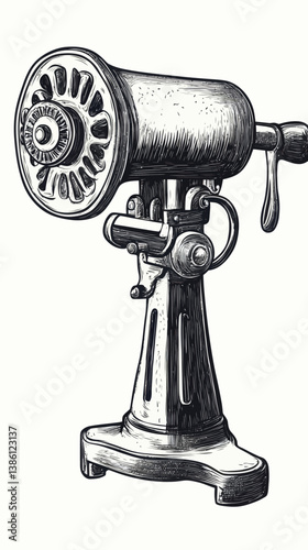 Vintage Mechanical Meat Grinder Engraved Sketch for Retro Kitchen Decor