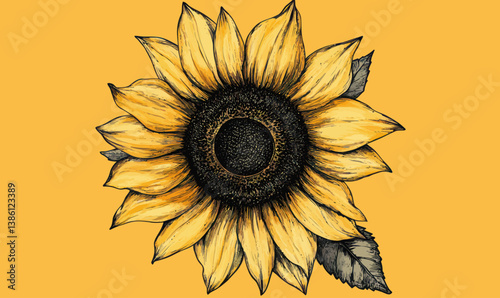 Intricate Ink Sketch Vector Illustration of Sunflower in Engraving Style
