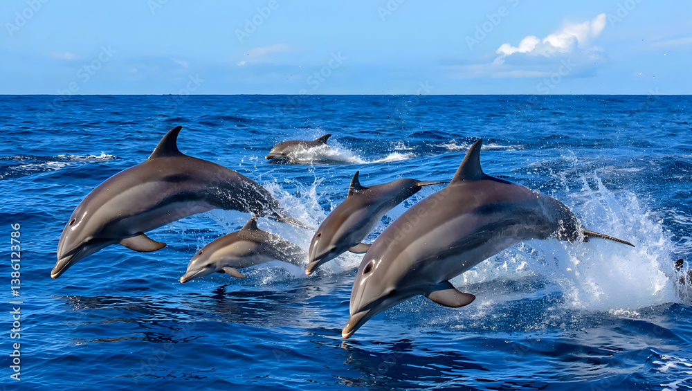 Fototapeta premium A captivating moment as a pod of dolphins leaps joyfully out of the ocean's surface.