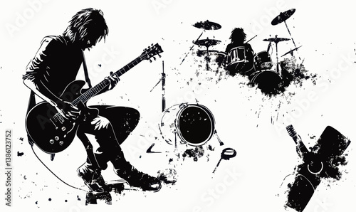 Monochrome Rockstar Guitarist and Drummer in Grunge Mezzotint Style Vector Art