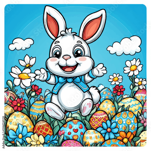 Adorable Easter Bunny with Blue Bow in Colorful Flower Field Surrounded by Decorative Painted Easter Eggs Under Bright Blue Sky and White Clouds Vector Illustration