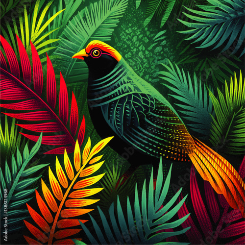 Vivid Vector Illustration of Exotic Tropical Bird with Colorful Plumage Surrounded by Bright Green Palm Leaves and Vibrant Jungle Foliage Nature Background Design