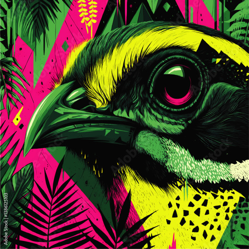 Vibrant Exotic Green Yellow Bird Vector Illustration with Pink Eye amidst Tropical Jungle Foliage Abstract Geometric Background Modern Graphic Nature Art Design Concept