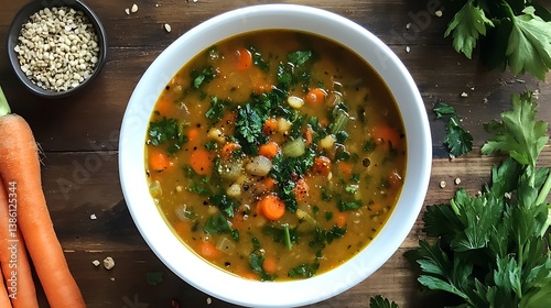 A vibrant bowl of vegetable soup featuring a mix of fresh carrots, herbs, and legumes on a wooden surface, complemented by a small bowl of sesame seeds, capturing a warm and inviting culinary