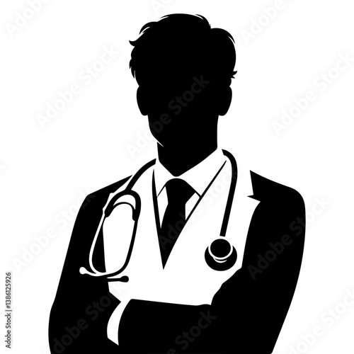 Black and white silhouette of a doctor with a stethoscope on a white isolated background. Vector graphics. EPS.