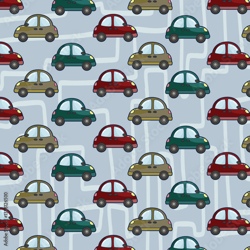 Seamless pattern with hand drawn cute car. Cartoon cars, road sign,zebra crossing vector illustration.Perfect for kids fabric,textile,nursery wallpaper