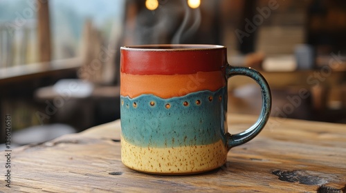 A hand-painted ceramic mug with a steaming coffee sitting on a wooden table