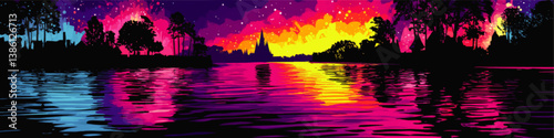 Vibrant Colorful Sunset Landscape with Silhouette Trees and Reflective Lake Vector Illustration Scenic Twilight Nature Background with Stunning Pink Purple Sky Colors