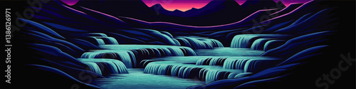 Mystical Purple Mountain River Waterfalls Vector Art Illustration Featuring Majestic Cascades in Twilight Landscape with Dark Silhouettes and Serene Neon Glow Scenery