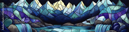Mesmerizing Stained Glass Style Vector Image of Tranquil Mountain Lake Scene Featuring Cascading Waterfalls Colorful Abstract Peaks and Serene Reflective Waterscape