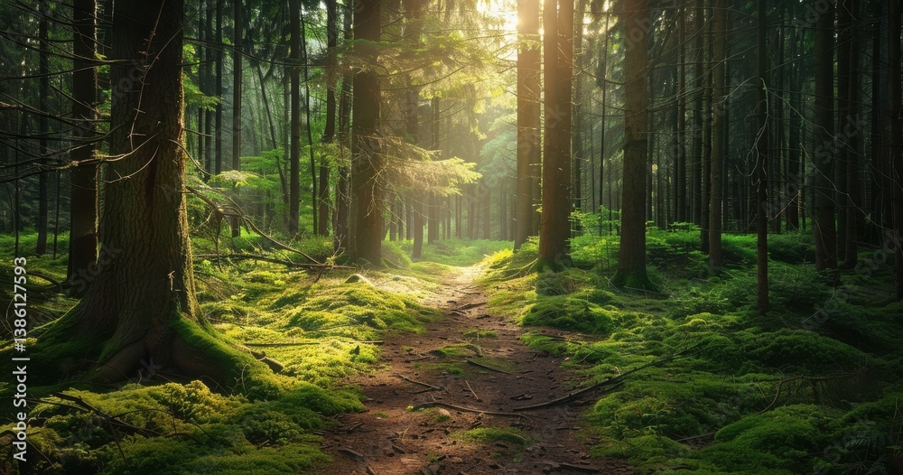 Obraz premium Sunlight filtering through trees in a lush, green forest path.