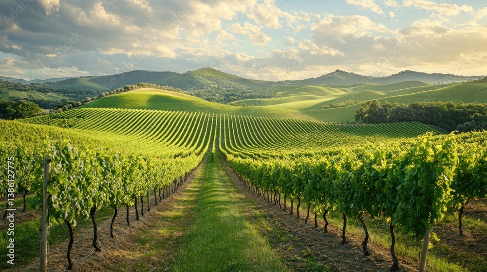 Fototapeta premium Tuscan Vineyard Landscape: Rows of Grapevines Under a Cloudy Sky