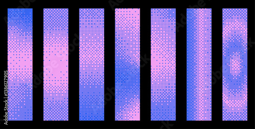 Pixelated bitmap texture background set. Retro blue pink stroke pixel art, glitch dither pattern, 8 bit texture. Leisure or arcade games duotone border frame. Vector illustration
